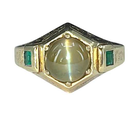 Cat's Eye Chrysoberyl & Emerald Ring in 14K Gold