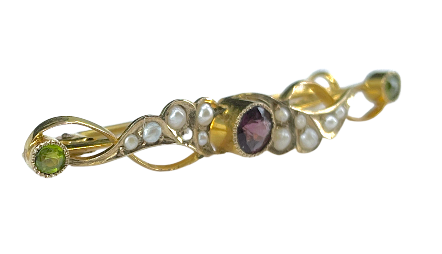 Art Nouveau Era Amethyst, Peridot & Pearl Suffragette Brooch in 9K Gold