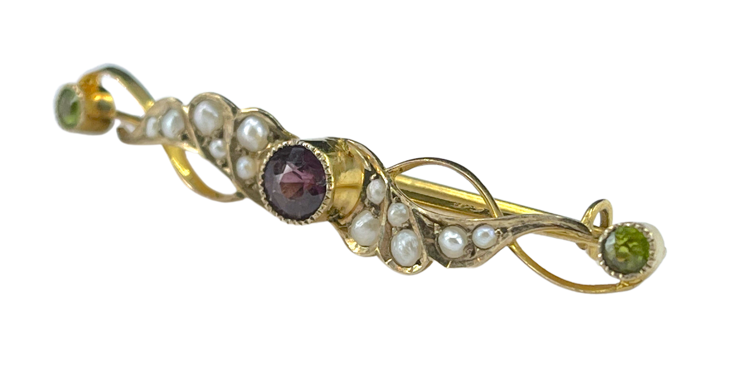 Art Nouveau Era Amethyst, Peridot & Pearl Suffragette Brooch in 9K Gold