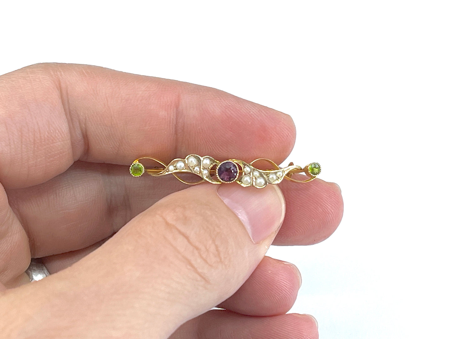 Art Nouveau Era Amethyst, Peridot & Pearl Suffragette Brooch in 9K Gold