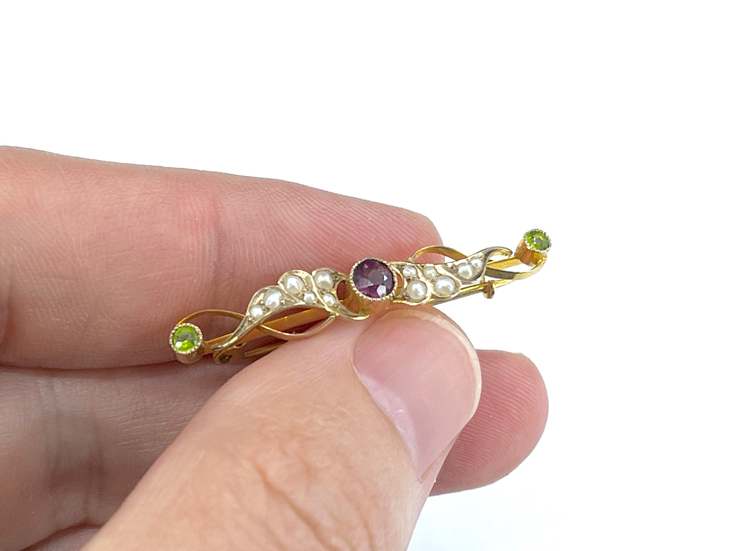 Art Nouveau Era Amethyst, Peridot & Pearl Suffragette Brooch in 9K Gold