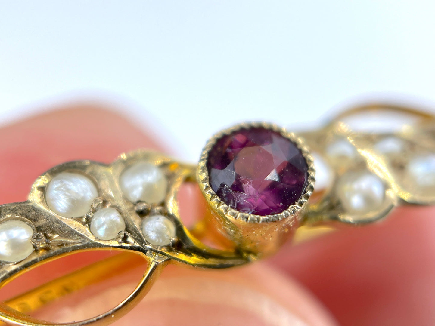 Art Nouveau Era Amethyst, Peridot & Pearl Suffragette Brooch in 9K Gold