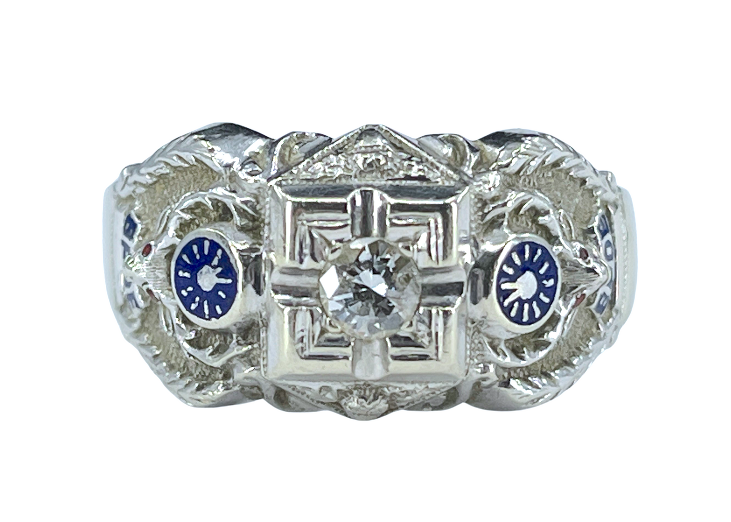 Gent's Vintage Diamond and Enamel Elks Lodge Ring in 14K White Gold