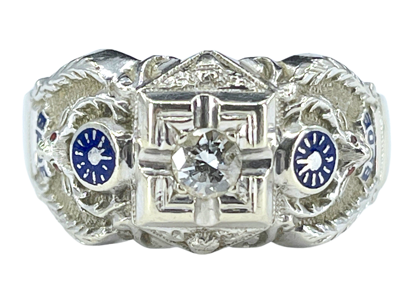 Gent's Vintage Diamond and Enamel Elks Lodge Ring in 14K White Gold