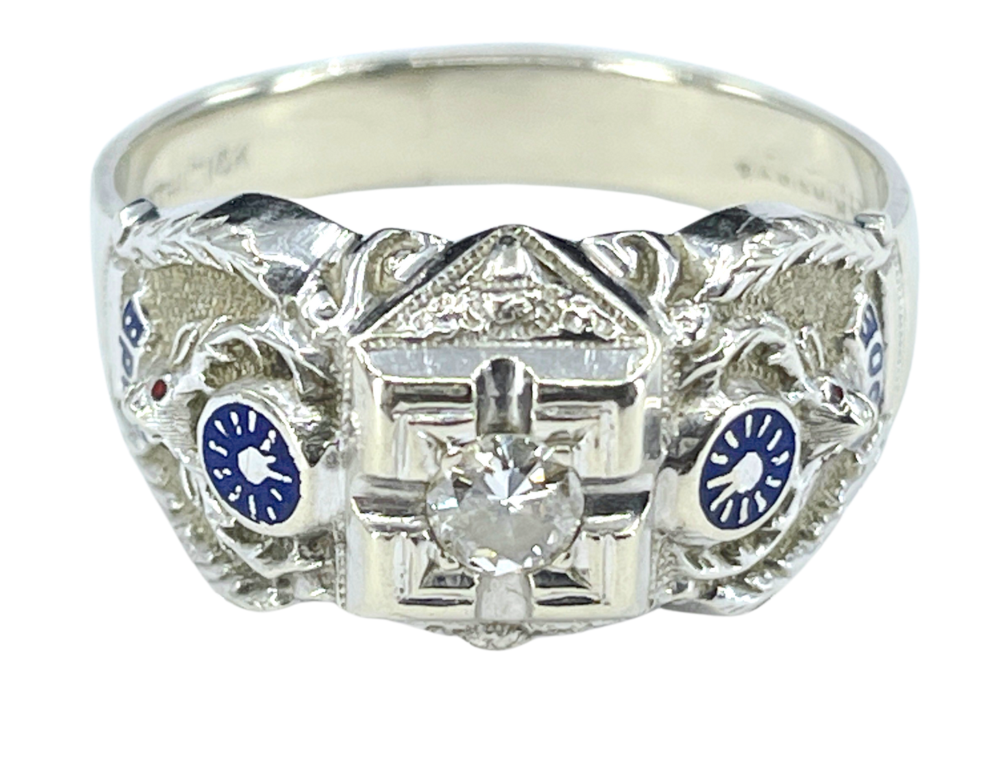 Gent's Vintage Diamond and Enamel Elks Lodge Ring in 14K White Gold