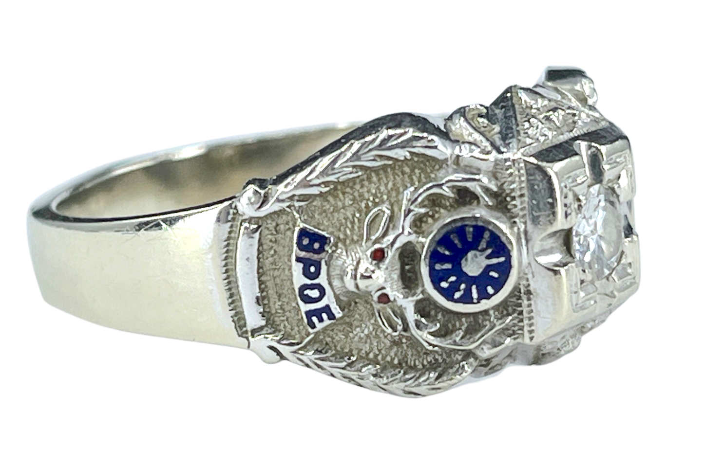 Gent's Vintage Diamond and Enamel Elks Lodge Ring in 14K White Gold