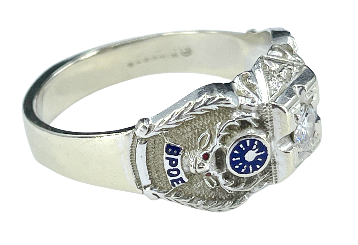 Gent's Vintage Diamond and Enamel Elks Lodge Ring in 14K White Gold