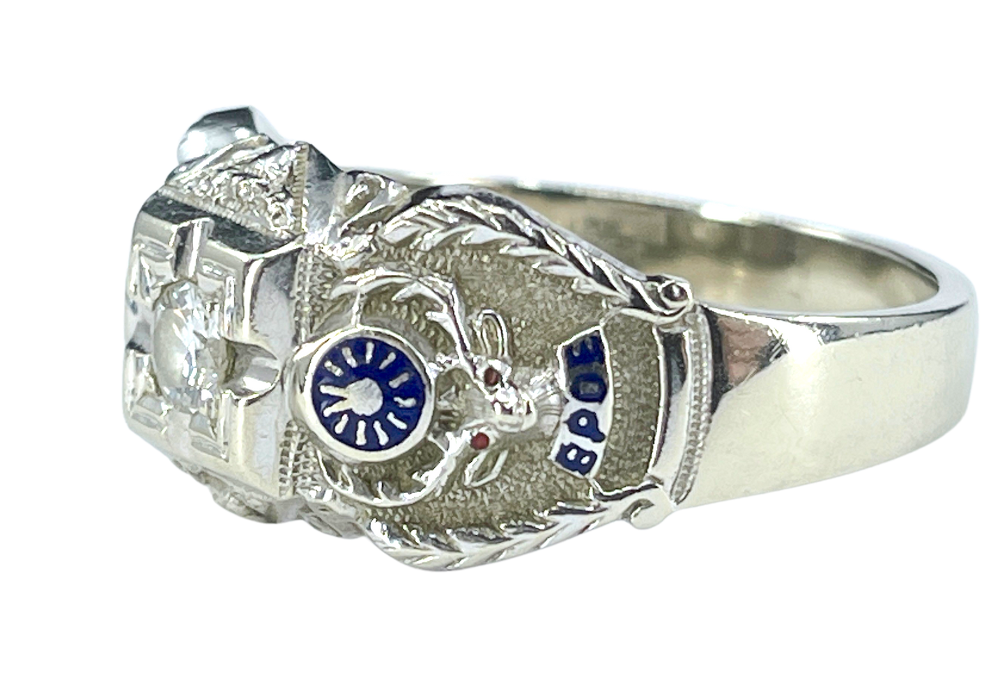 Gent's Vintage Diamond and Enamel Elks Lodge Ring in 14K White Gold