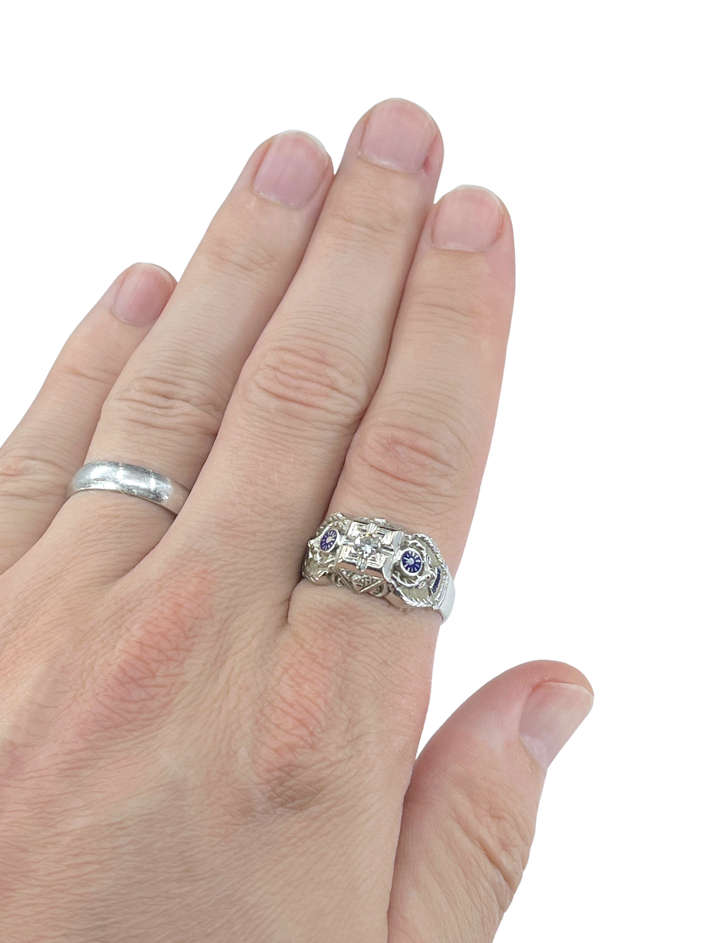 Gent's Vintage Diamond and Enamel Elks Lodge Ring in 14K White Gold