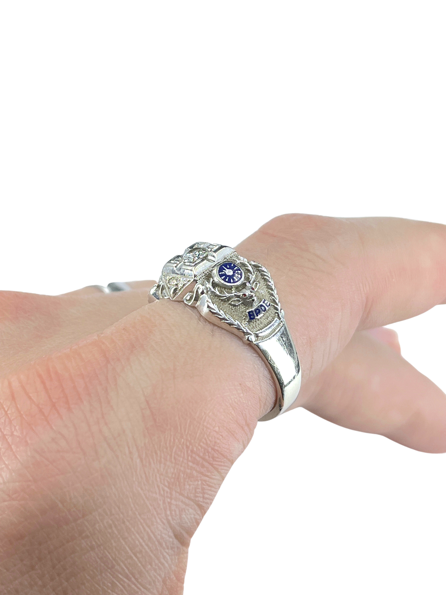 Gent's Vintage Diamond and Enamel Elks Lodge Ring in 14K White Gold