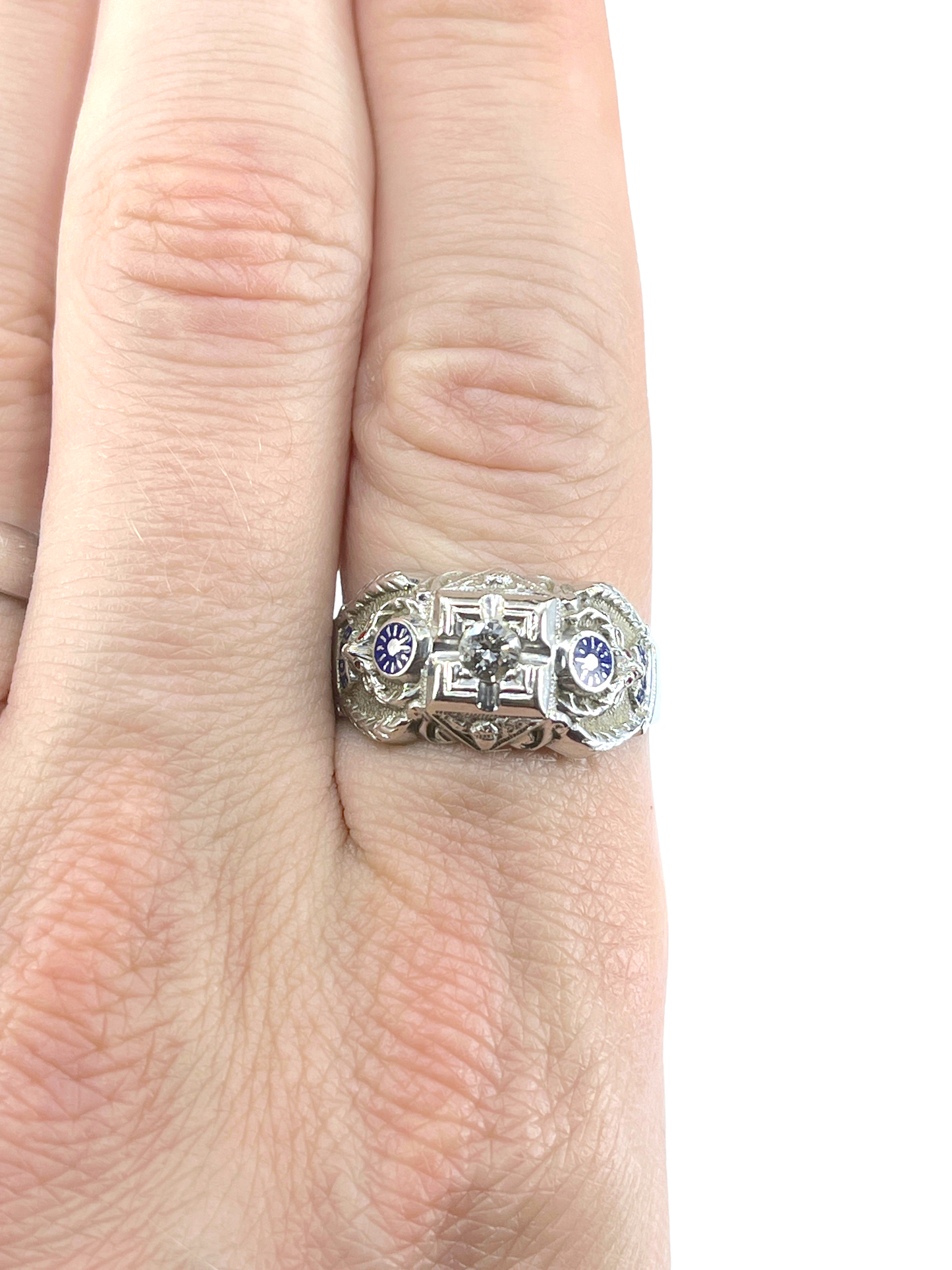 Gent's Vintage Diamond and Enamel Elks Lodge Ring in 14K White Gold