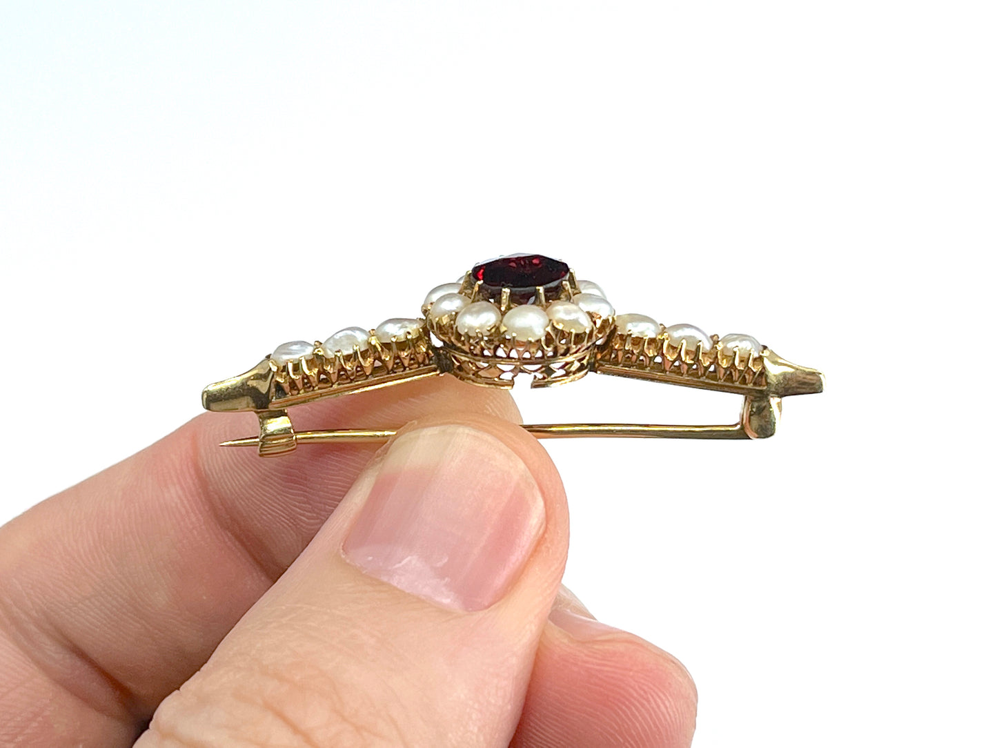 Edwardian Era Rhodolite & Half Pearl Brooch in 18K Gold