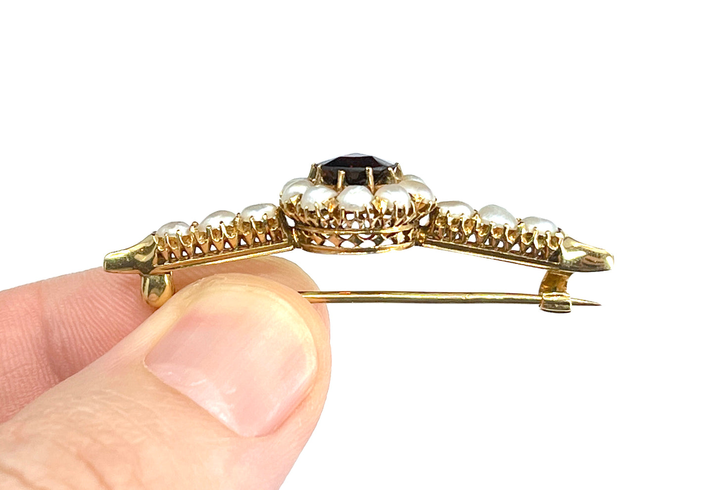 Edwardian Era Rhodolite & Half Pearl Brooch in 18K Gold