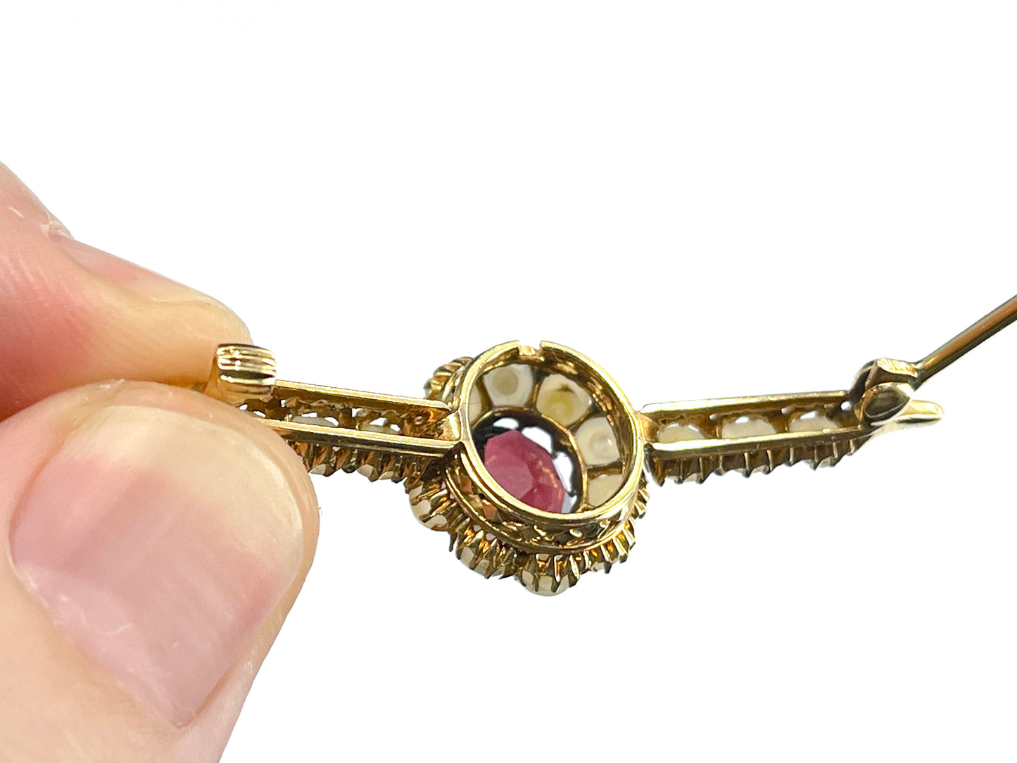 Edwardian Era Rhodolite & Half Pearl Brooch in 18K Gold