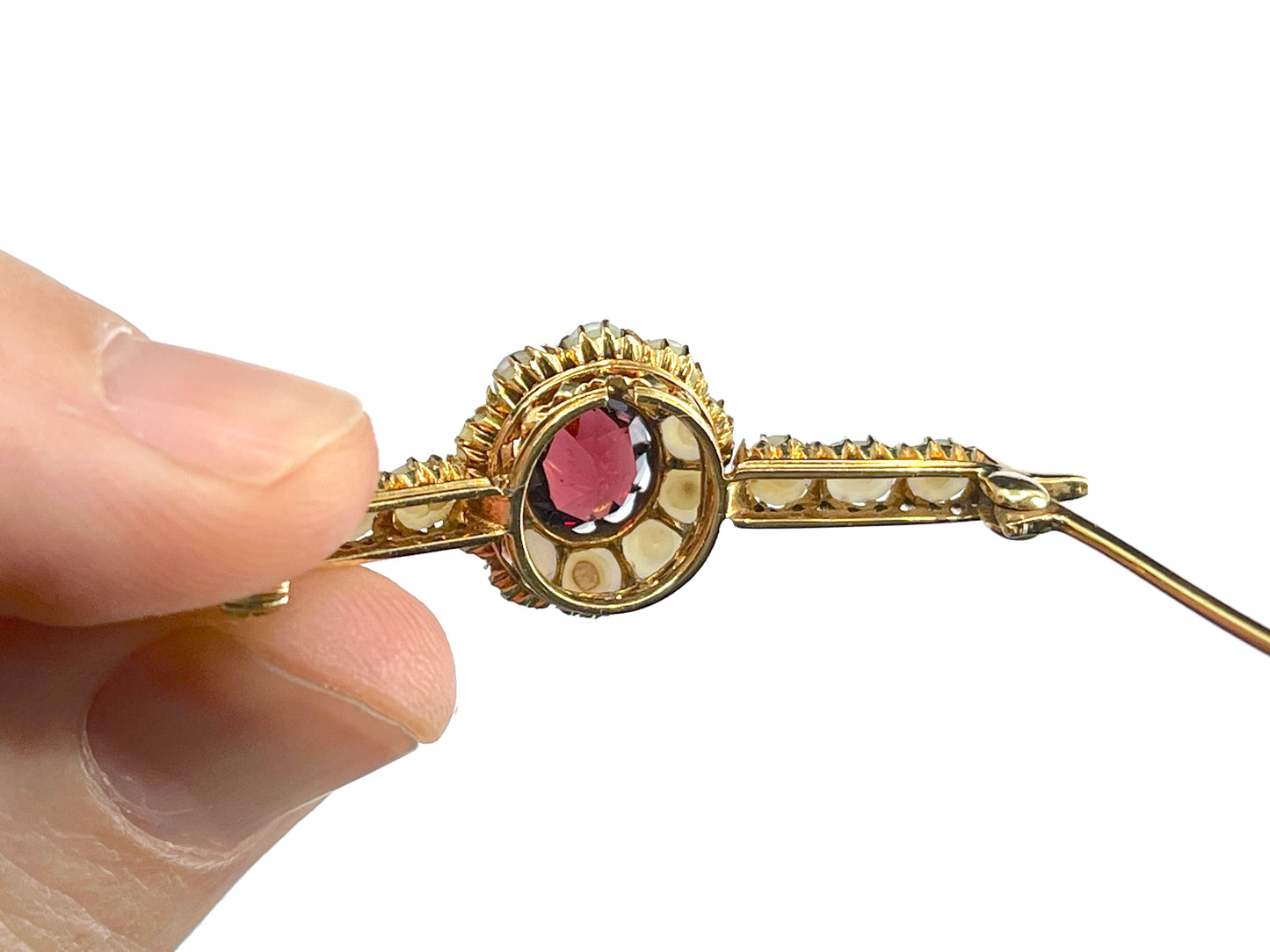 Edwardian Era Rhodolite & Half Pearl Brooch in 18K Gold