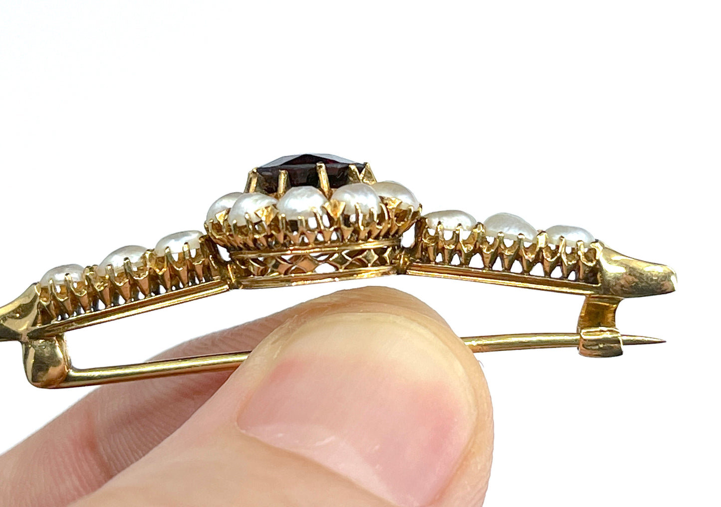 Edwardian Era Rhodolite & Half Pearl Brooch in 18K Gold