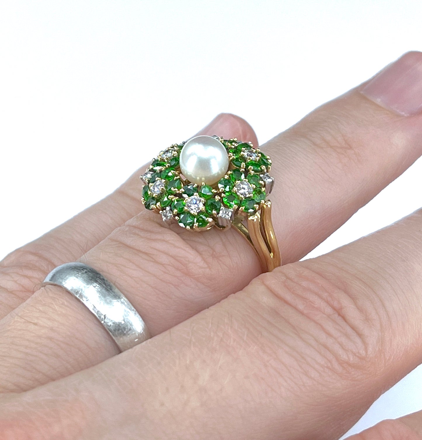 Mid Century Cultured Pearl, Demantoid & Diamond Ring in 18K Gold