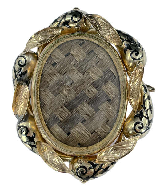 Victorian Era Braided Hair & Black Enamel Mourning Brooch in 9K Gold
