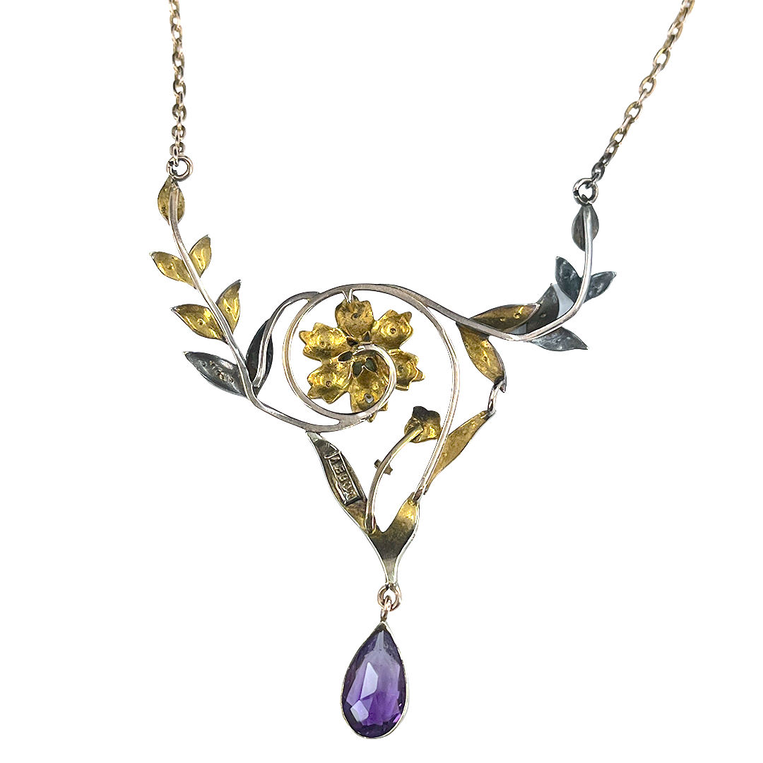 Art Nouveau Era Amethyst, Pearl & Peridot Suffragette Necklace in 9K Gold