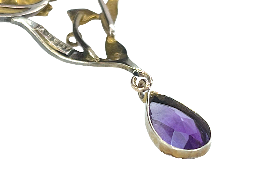 Art Nouveau Era Amethyst, Pearl & Peridot Suffragette Necklace in 9K Gold