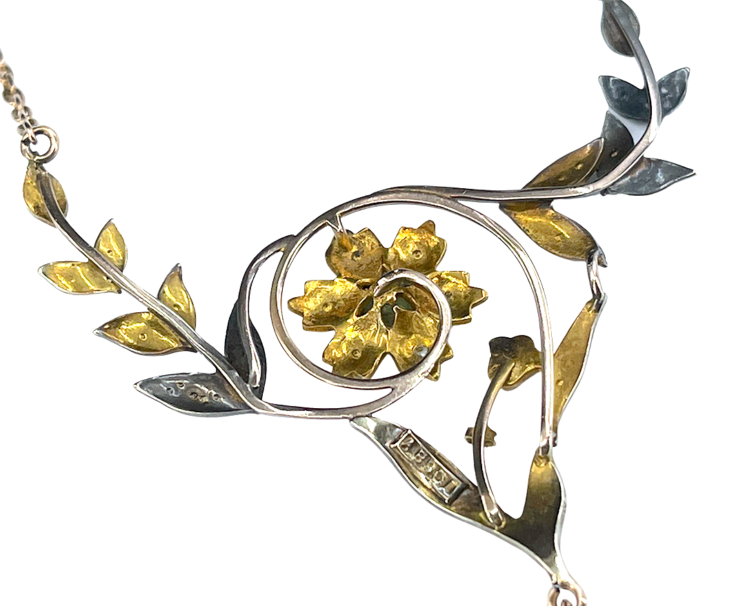 Art Nouveau Era Amethyst, Pearl & Peridot Suffragette Necklace in 9K Gold