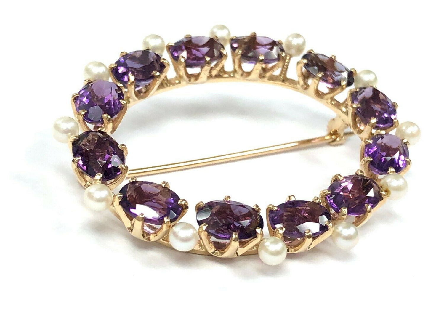 Mid Century Vintage Amethyst & Seed Pearl Brooch in 14K Gold