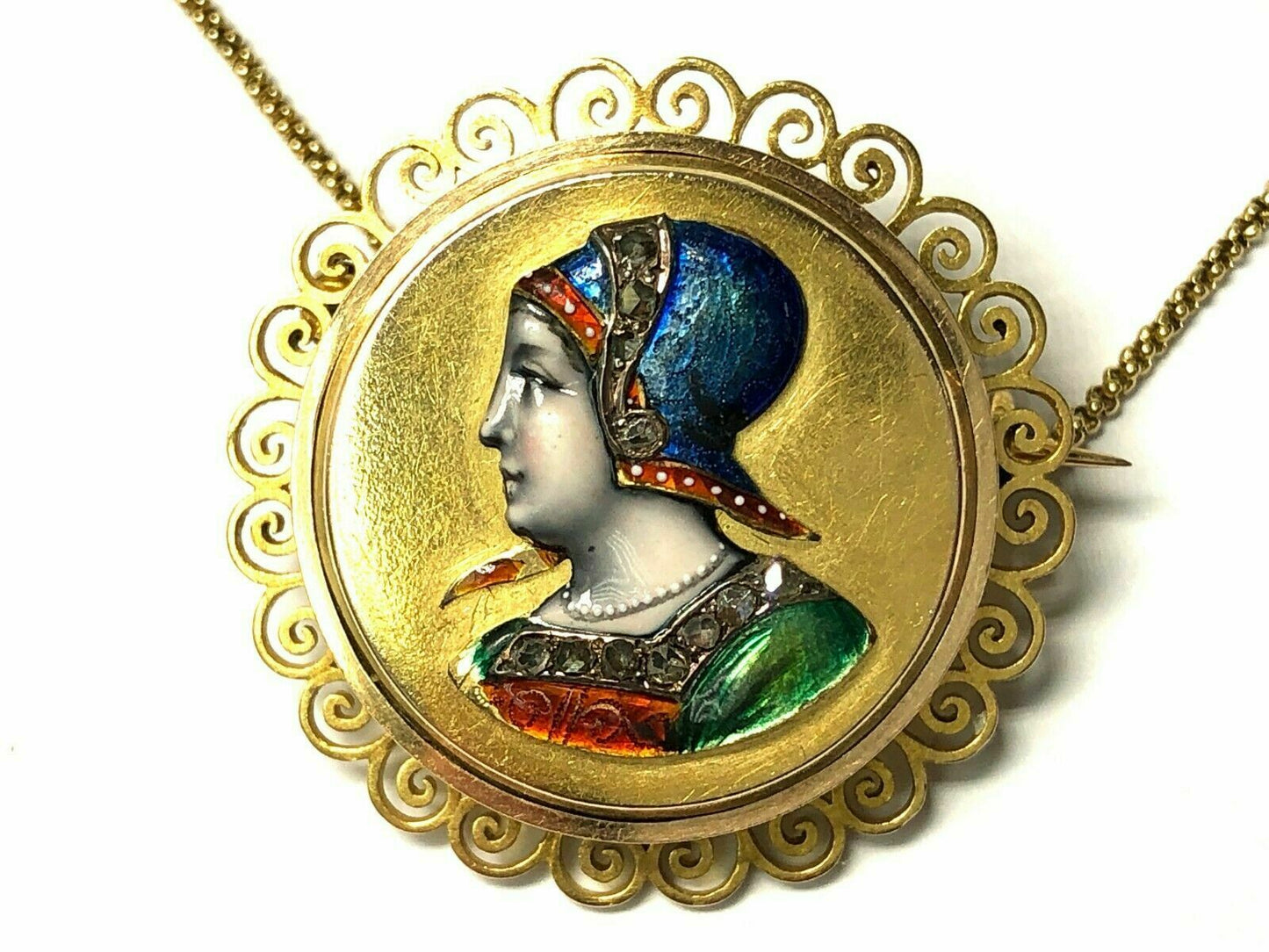 Victorian Era Antique Rose Cut Diamond, Natural Pearl & Enamel Brooch in 18K Gold