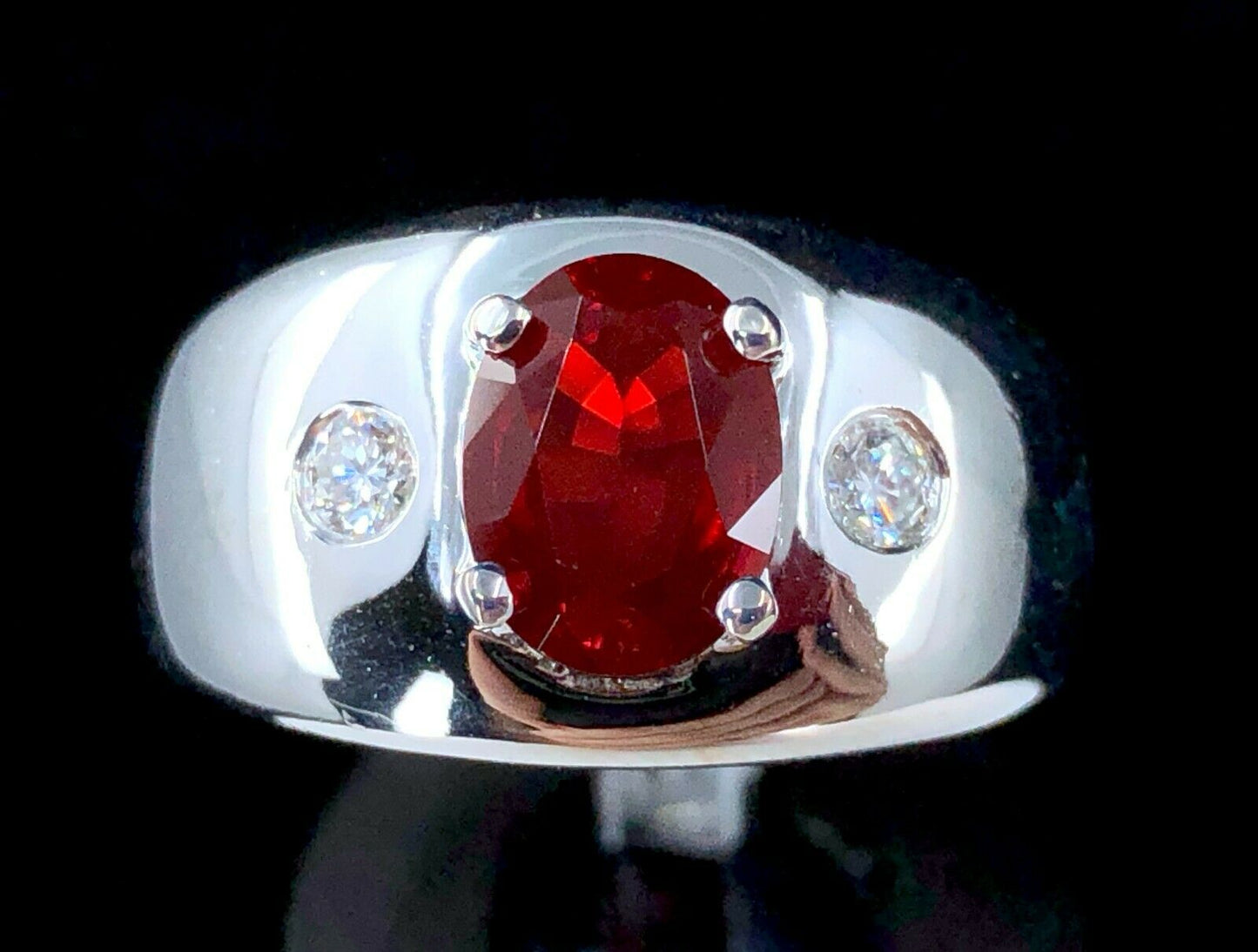 High Quality Red Fire Opal & Diamond Ring in 14K White Gold