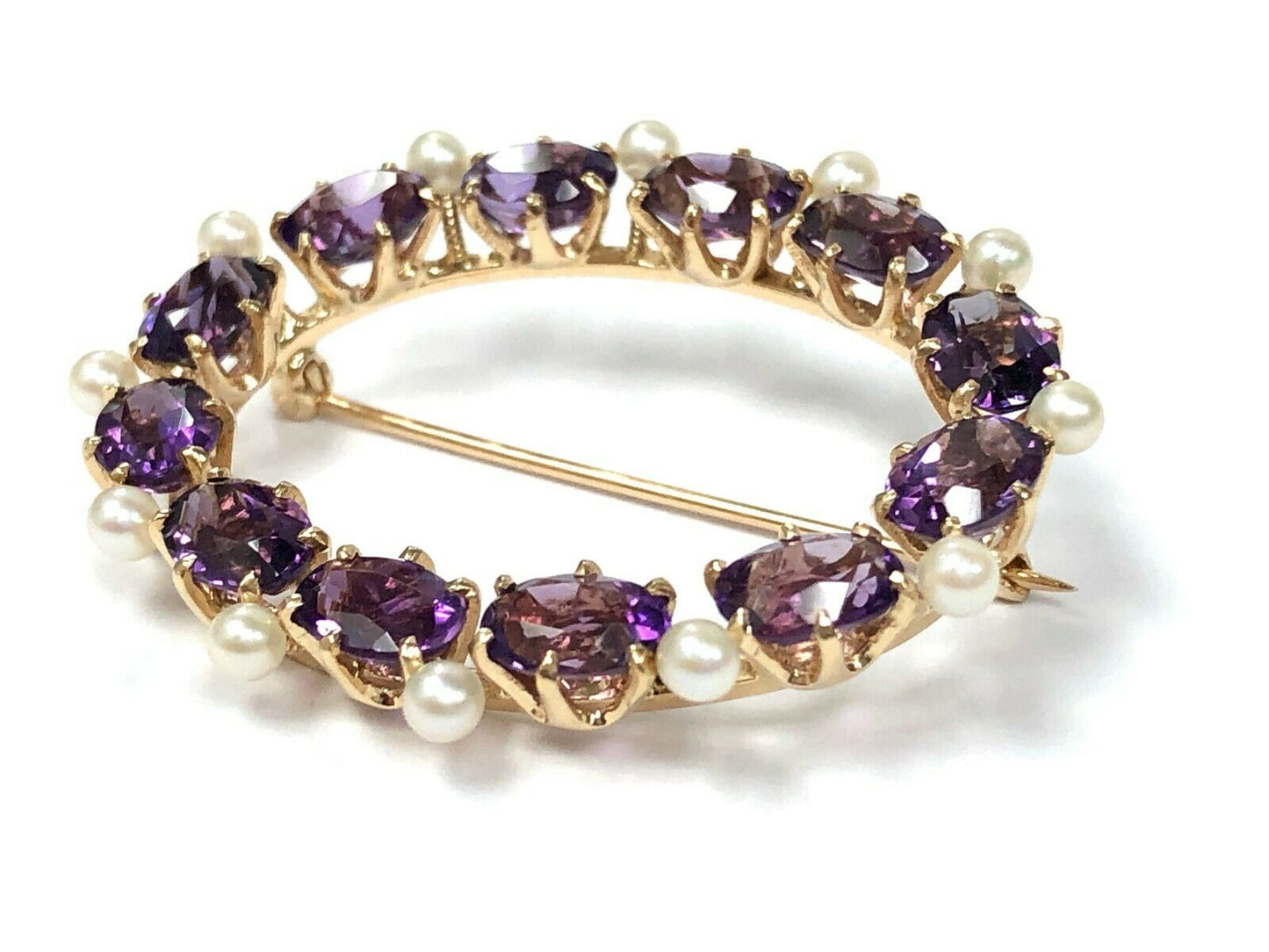 Mid Century Vintage Amethyst & Seed Pearl Brooch in 14K Gold