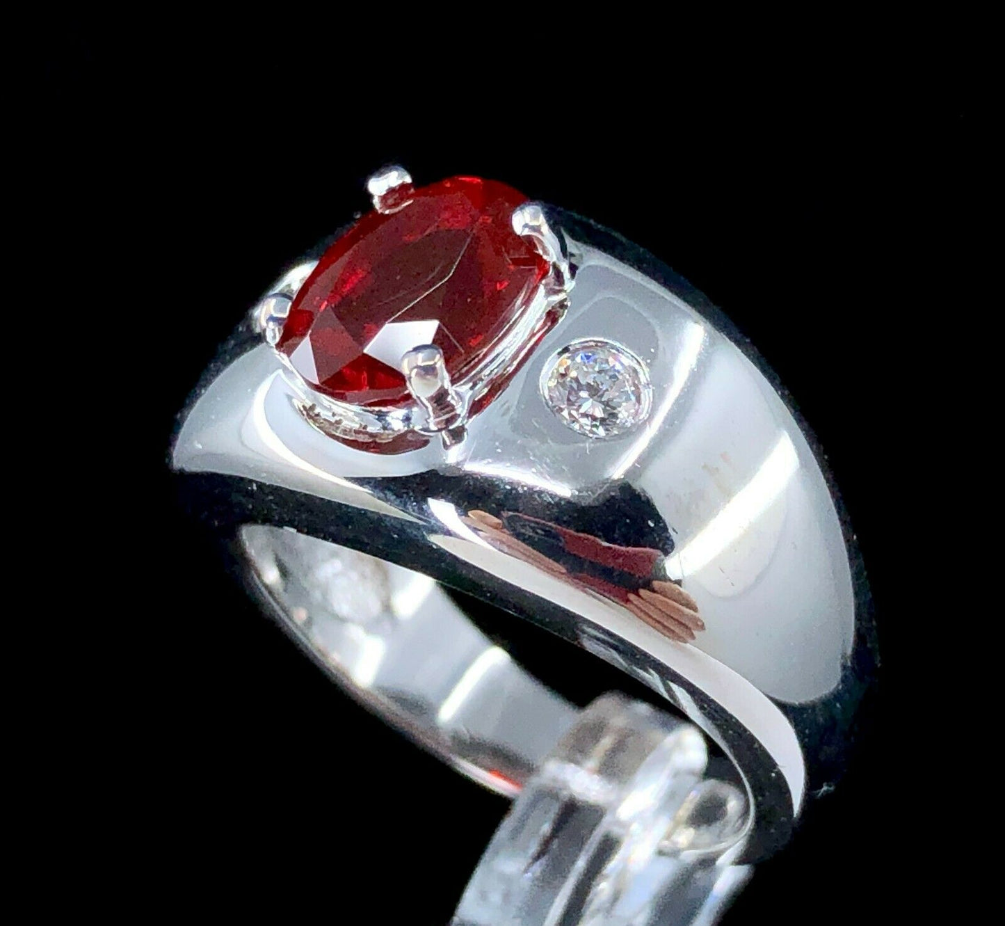 High Quality Red Fire Opal & Diamond Ring in 14K White Gold