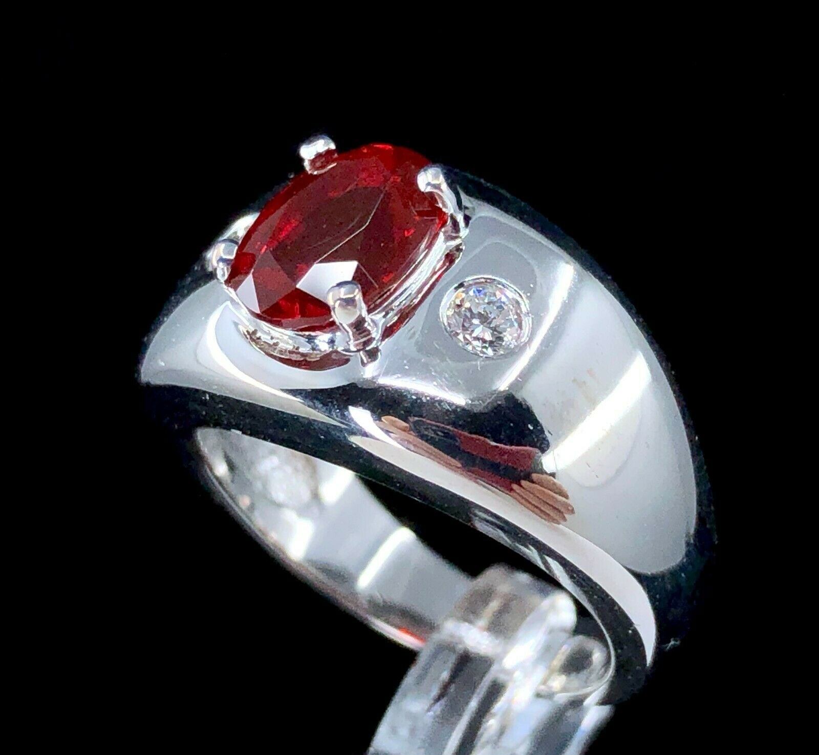 High Quality Red Fire Opal & Diamond Ring in 14K White Gold