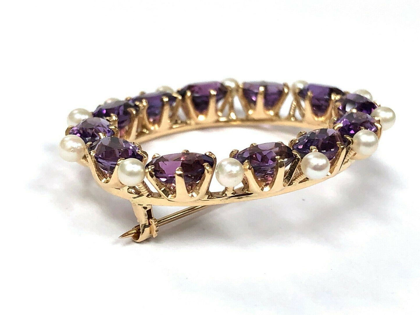 Mid Century Vintage Amethyst & Seed Pearl Brooch in 14K Gold