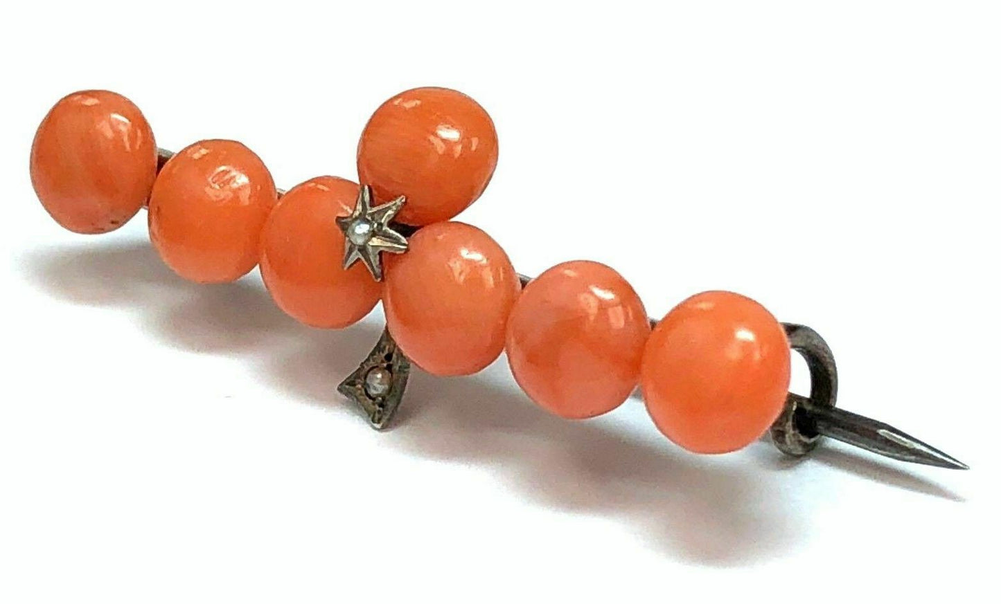 Victorian Era Precious Coral & Natural Seed Pearl Brooch in .800 Silver