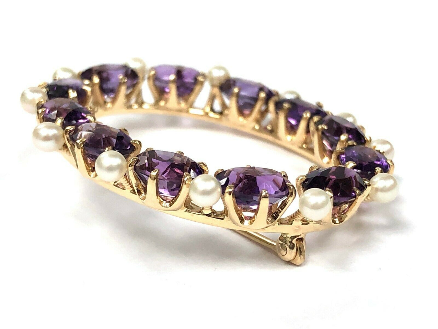 Mid Century Vintage Amethyst & Seed Pearl Brooch in 14K Gold