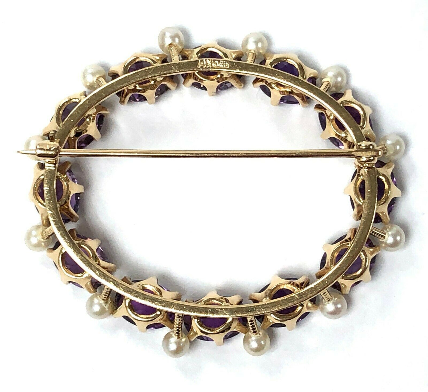 Mid Century Vintage Amethyst & Seed Pearl Brooch in 14K Gold