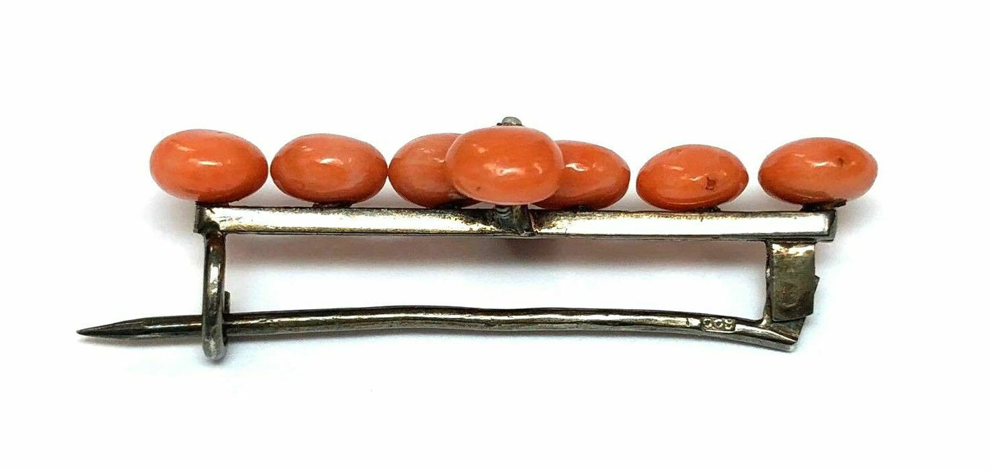 Victorian Era Precious Coral & Natural Seed Pearl Brooch in .800 Silver