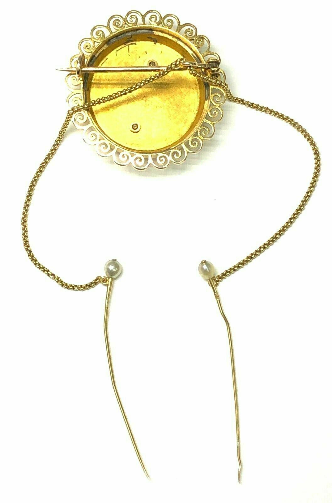 Victorian Era Antique Rose Cut Diamond, Natural Pearl & Enamel Brooch in 18K Gold