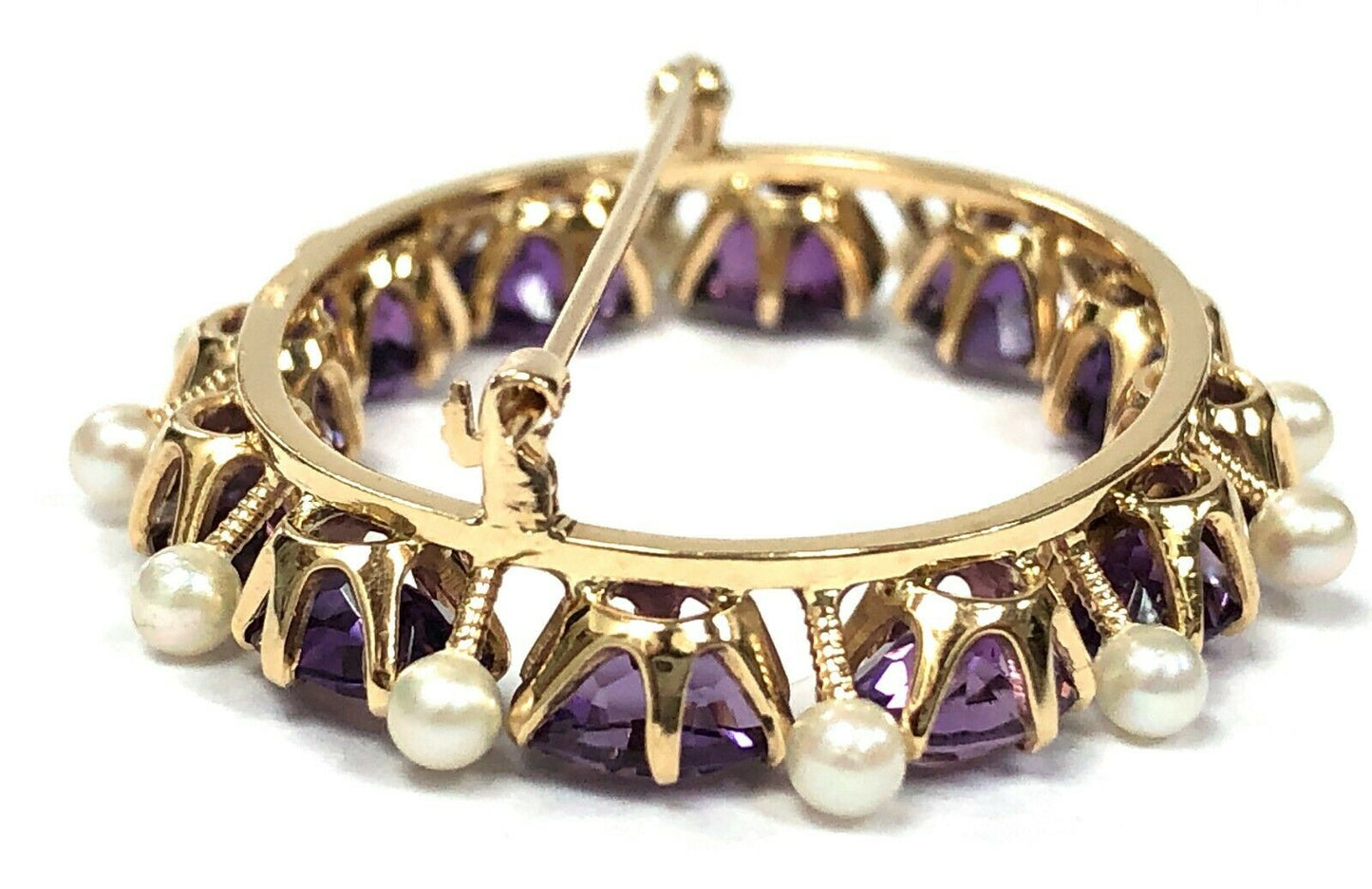 Mid Century Vintage Amethyst & Seed Pearl Brooch in 14K Gold