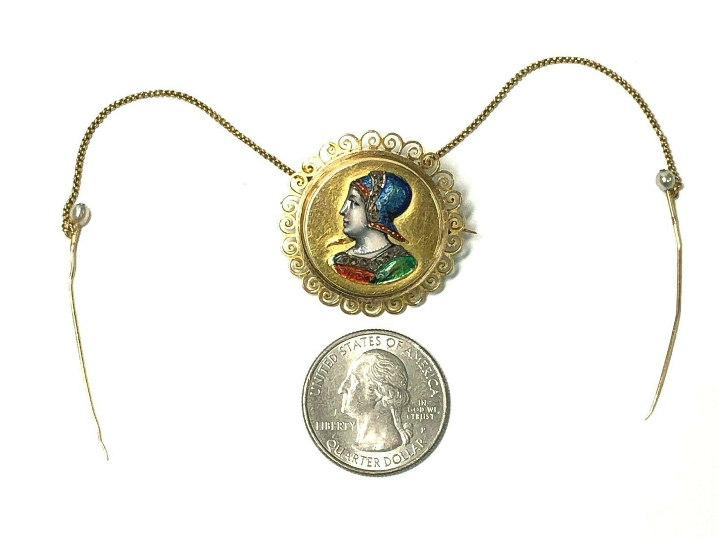 Victorian Era Antique Rose Cut Diamond, Natural Pearl & Enamel Brooch in 18K Gold
