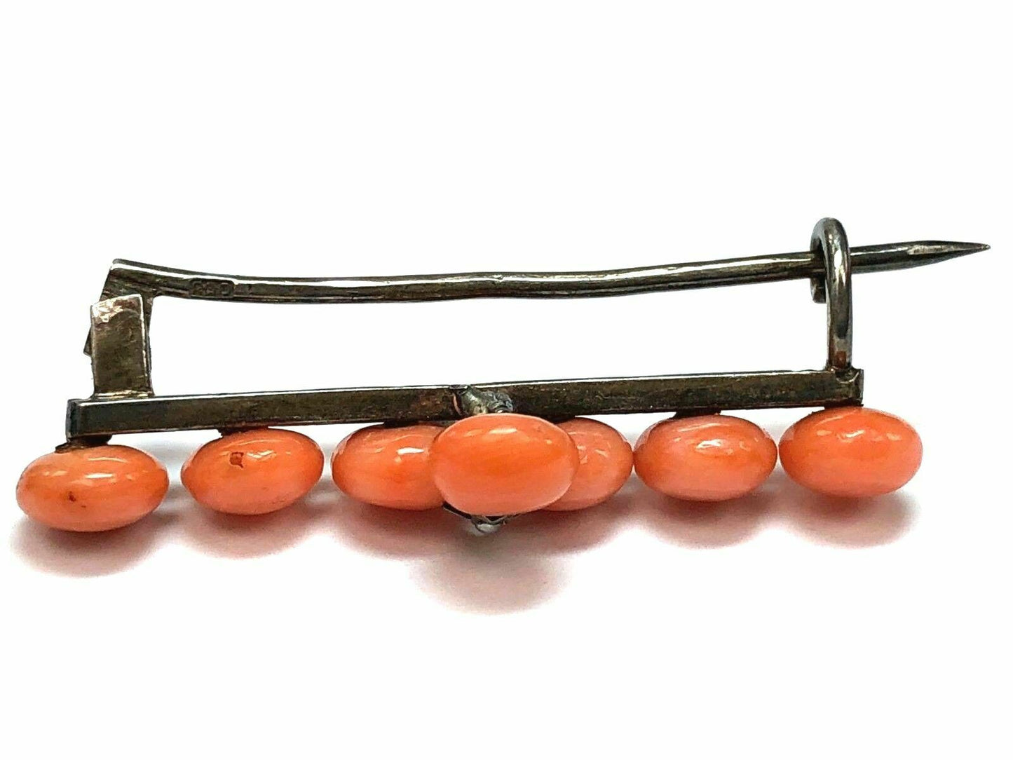 Victorian Era Precious Coral & Natural Seed Pearl Brooch in .800 Silver