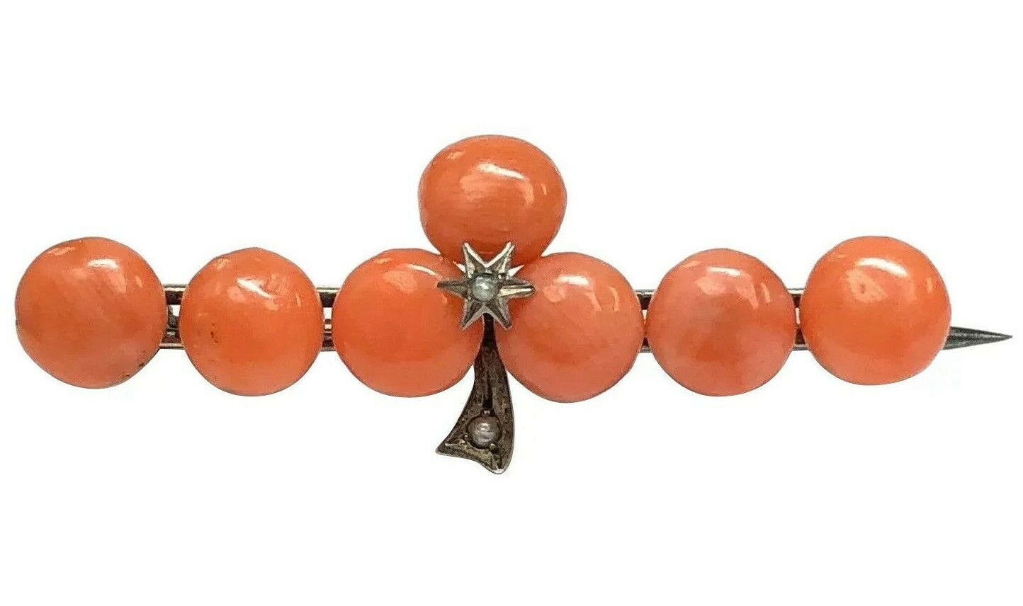 Victorian Era Precious Coral & Natural Seed Pearl Brooch in .800 Silver
