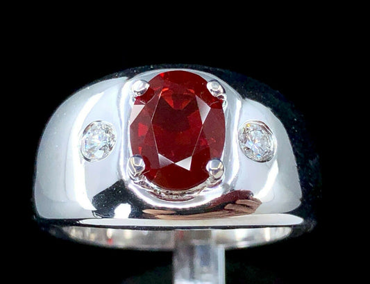 High Quality Red Fire Opal & Diamond Ring in 14K White Gold