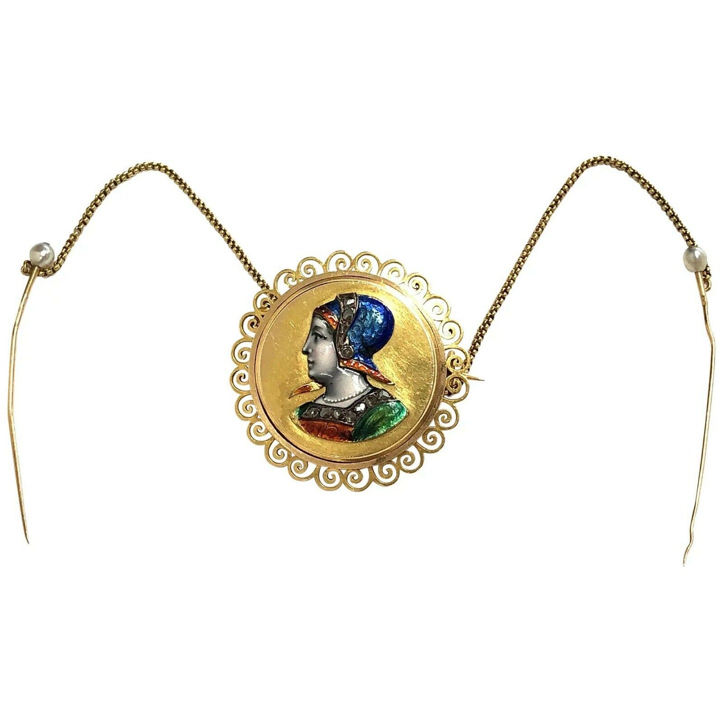 Victorian Era Antique Rose Cut Diamond, Natural Pearl & Enamel Brooch in 18K Gold