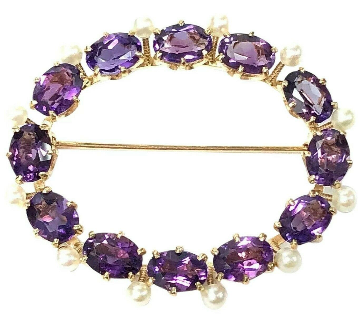 Mid Century Vintage Amethyst & Seed Pearl Brooch in 14K Gold