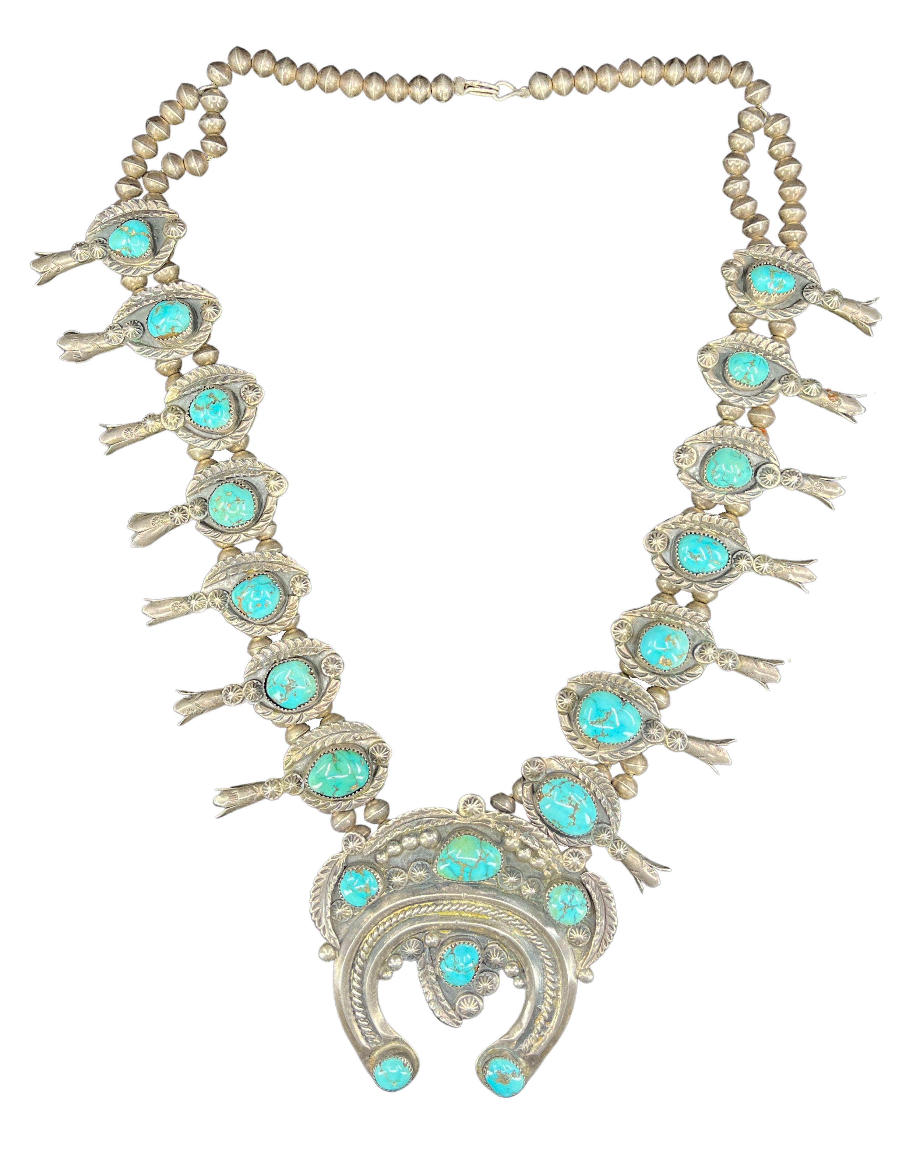 Vintage Lone Mountain Turquoise Squash Blossom Necklace- Malouf on the Plaza