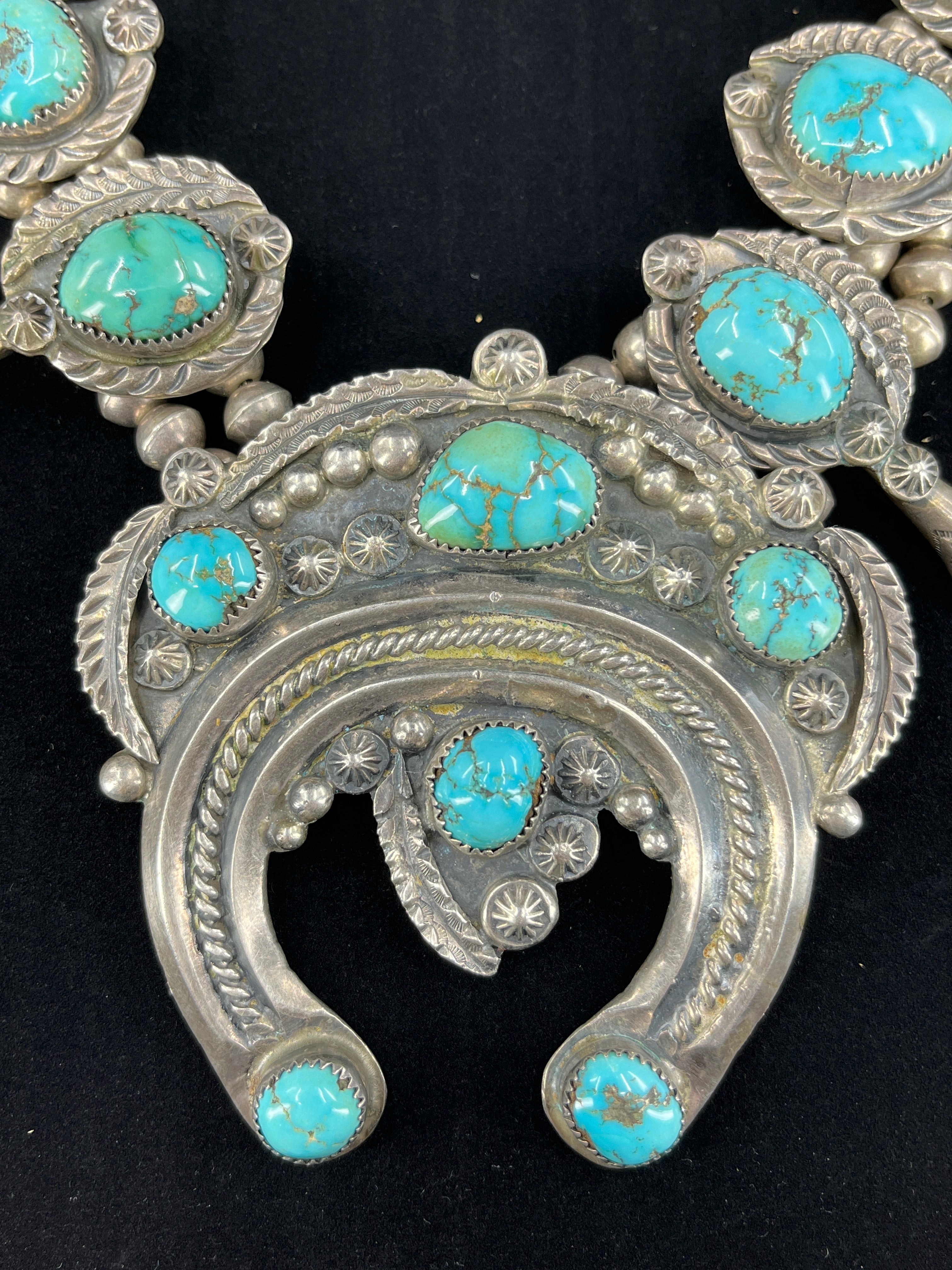Vintage Native American Silver and Turquoise Squash Blossom Necklace – A.J.  Martin
