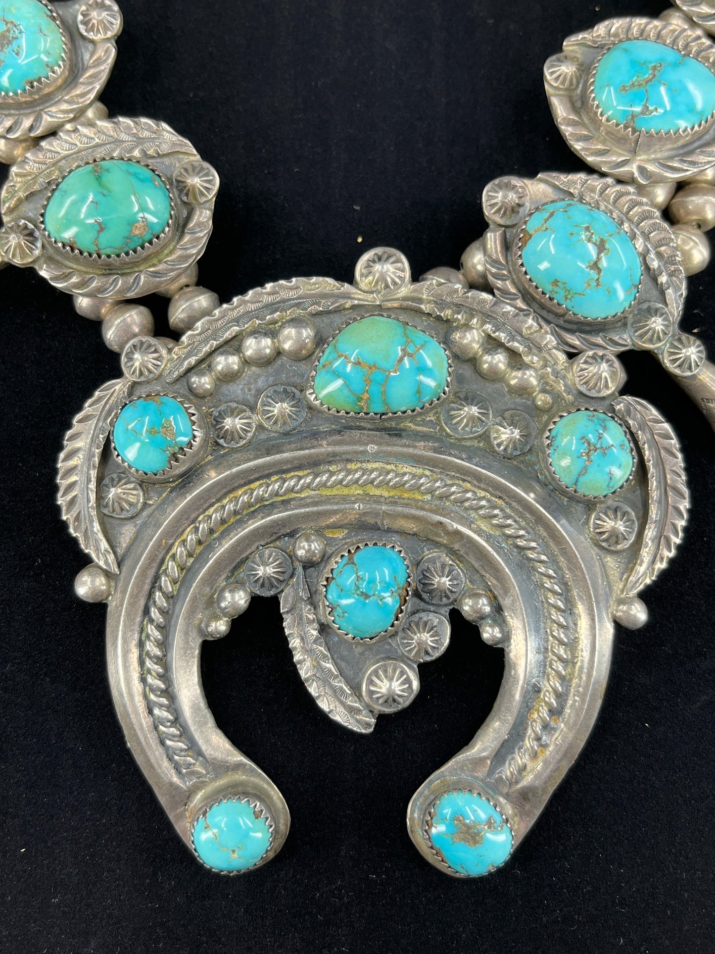 Vintage Navajo Turquoise Squash Blossom Necklace