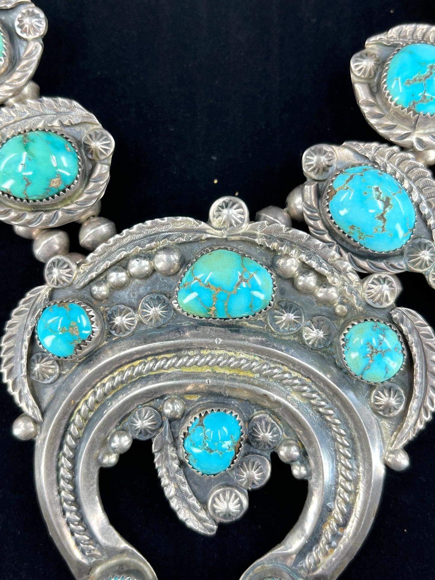 Vintage Navajo Turquoise Squash Blossom Necklace