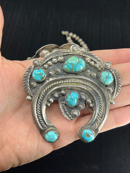 Vintage Navajo Turquoise Squash Blossom Necklace