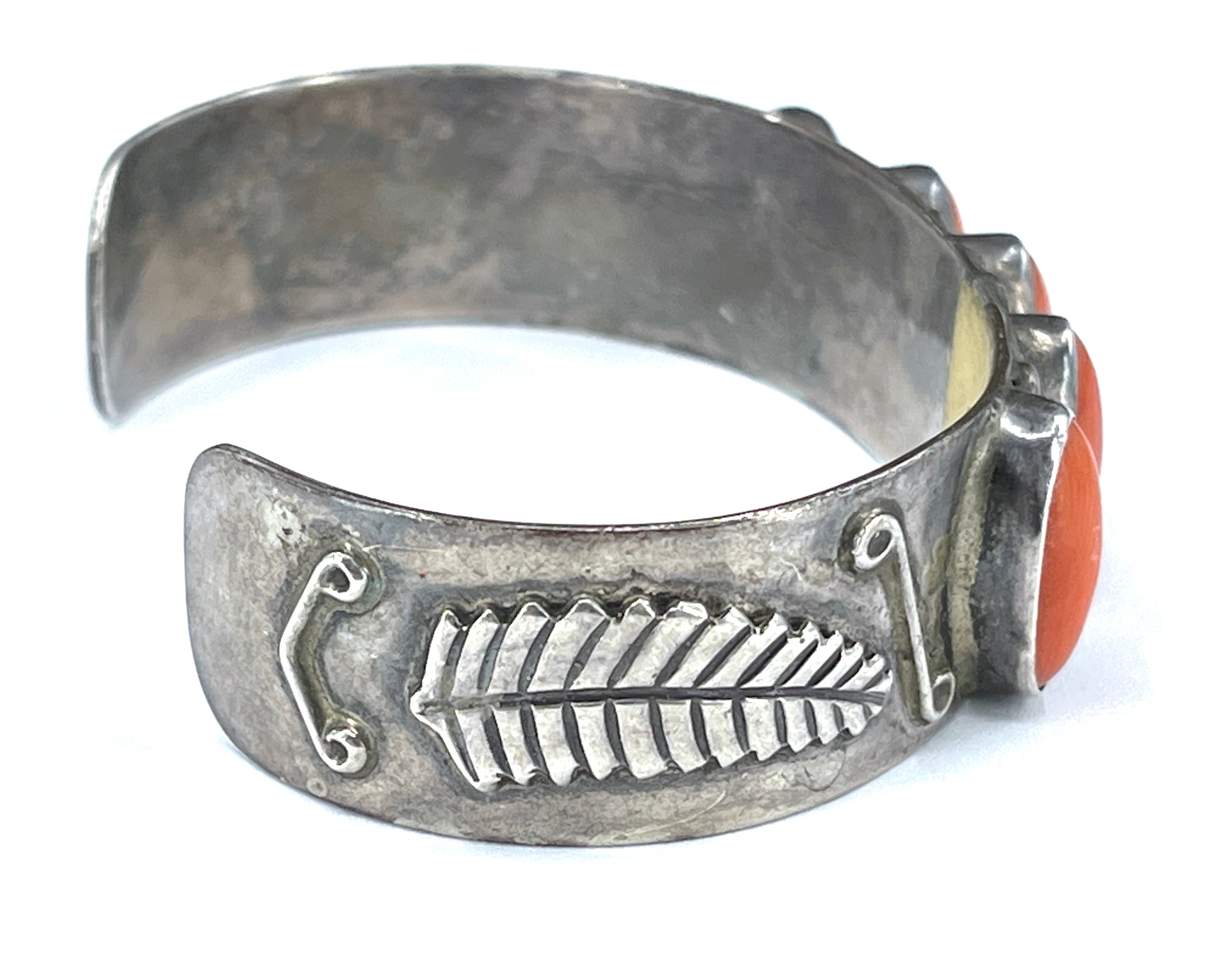 Offers Vintage Native American Sterling Silver and Red Coral Turtle 6 1/2 Inch Open Cuff Bracelet.